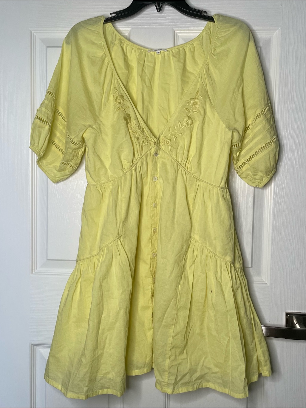 Tularosa Embroidered Button Front Short Sleeve Babydoll Mini Dress 100% Cotton